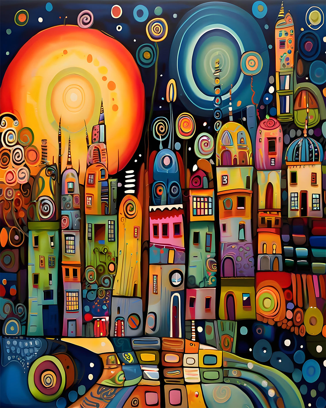 A vibrant, colorful abstract painting of a whimsical cityscape with stylized buildings, a large glowing orange sun, and swirling circular patterns in a rich palette of blue, yellow, green, pink, and orange.