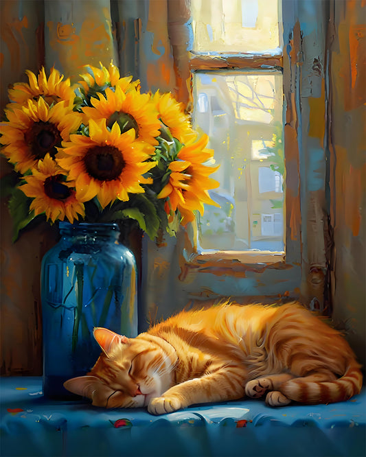 Cat sleeping on a windowsill with a vase of sunflowers