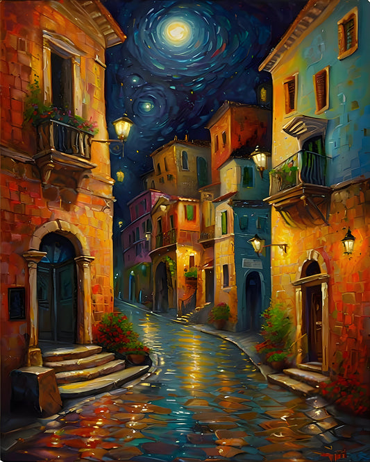 Colorful painting of a narrow street at night with illuminated buildings and a full moon.