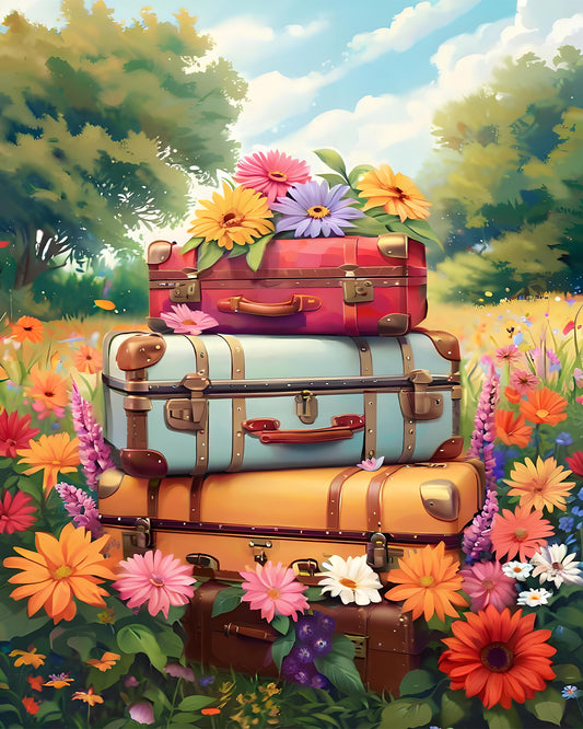 Stack of colorful suitcases surrounded by flowers in a garden setting