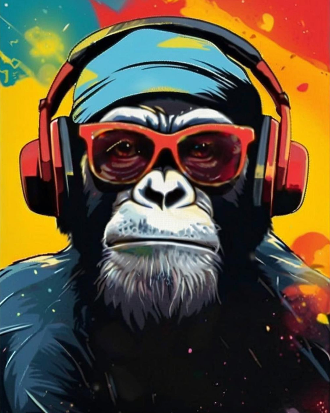 Colorful illustration of a monkey wearing headphones and sunglasses with a vibrant background.