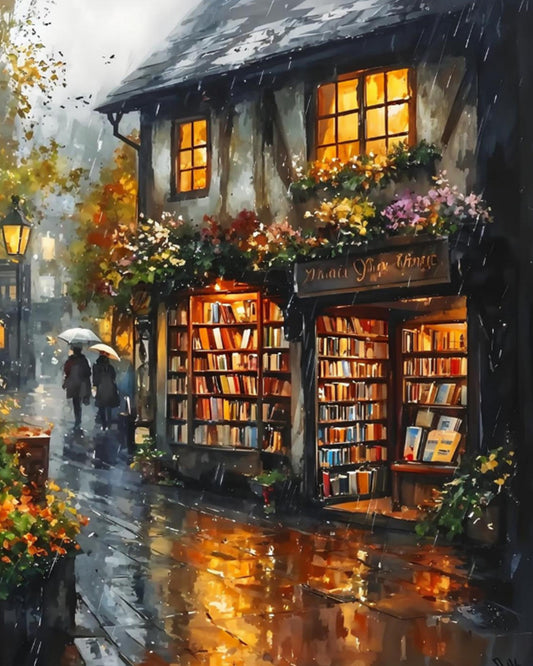 Bookshop exterior on a rainy day with warm interior light